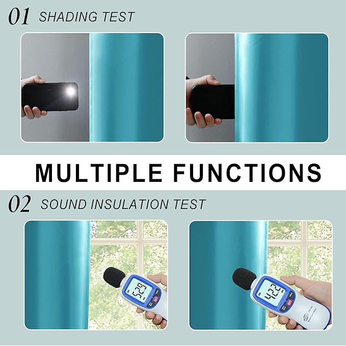 XWZO Full Shading Blackout Curtains 72 Inches Length - Heat and Light Blocking Ring Top Window Drapes with Black Liner Backing for Bedroom Sewn with Tiebacks, Turquoise, W52 x L72, Set of 2