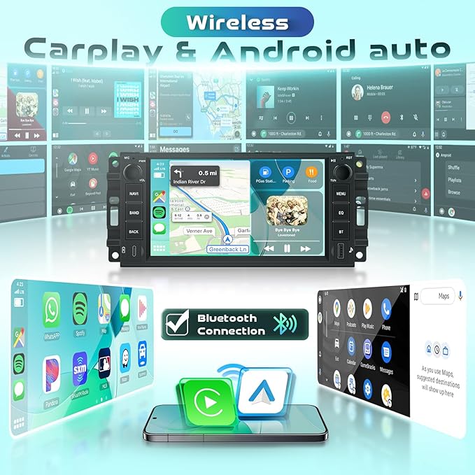 [Type-C+USB/4G+64G] Car Radio for Dodge Ram 1500/2500/3500 2009-2012 Jeep Wrangler 2007-2018 with Wireless CarPlay Android Auto, 7 Inch Android 15 Car Stereo with GPS Bluetooth 5.0 WiFi Backup Camera