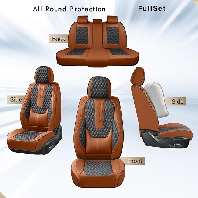 Coverado Car Seat Covers Full Set, Nappa Leather Seat Covers for Car, Waterproof Car Seat Protector with Lumbar Support, Automotive Seat Covers Universal Fit for Most Cars SUV Trucks (Brown-Black)