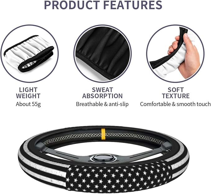 Black American Flag Vintage Steering Wheel Cover American Flag Steering Wheel Cover Anti-Slip Breathable Universal for 15 Inch Car Wheel Cover with 2 Pieces Car Coasters Suitable for Men Women