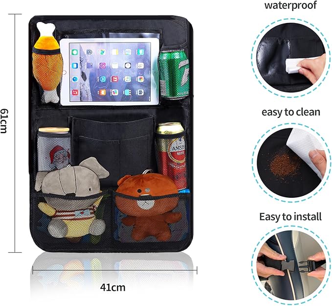 TCJJ Car Backseat Organizers with 10" Touch Screen Tablet Holder&9 Storage Pockets,Back Seat Organizer for Kids Waterproof Car Seat Organizer,Black/2 Pack