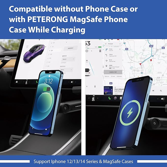 MEHIDFY Magnetic Wireless Car Charger Mount for Tesla Model 3/Y, 15W Fast Charging Magnetic Phone Holder, Strong Magnetic Phone Holder, Compatible with MagSafe Case and iPhone 12/13/14 (2 Arms)