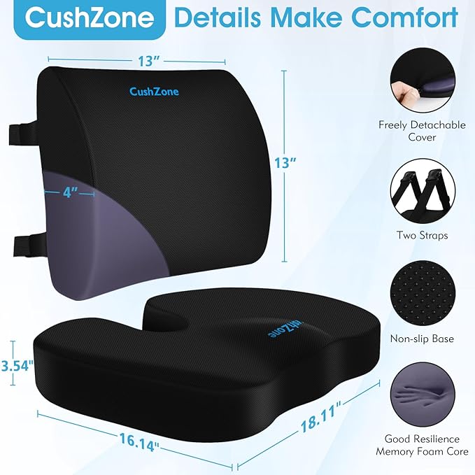 Seat Cushion, Lumbar Support Pillow with Adjustable Strap-Chair Cushions for Sciatica Pain Relief-with Washable Cover for Car, Travel and Wheelchair, Black, X-Large
