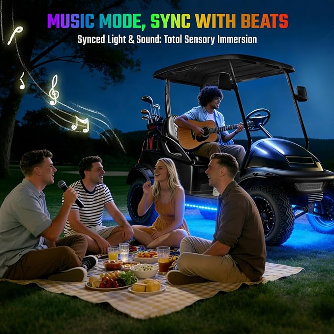 Golf Cart Underglow LED Light Strip Kit, 28 Modes Neon Underbody Glow, 12-85V, Music Sync, Wireless Remote Control, Universal for All Golf Carts, EZGO, Club Car, Yamaha, 4 Pack