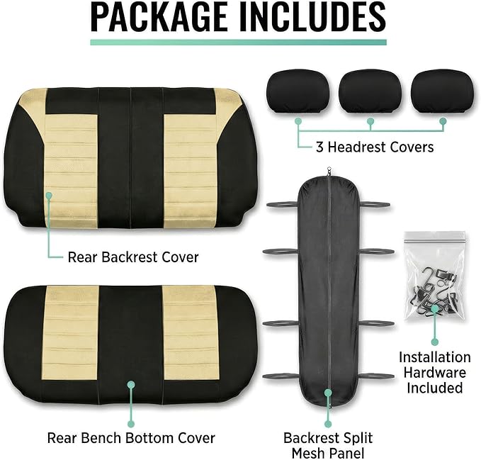 FH Group Automotive Car Seat Covers Rear Set Premium 3D Air Mesh Seat Covers, Airbag Compatible and Split Bench Cover Universal Fit Interior Accessories for Cars Trucks and SUVs - Beige