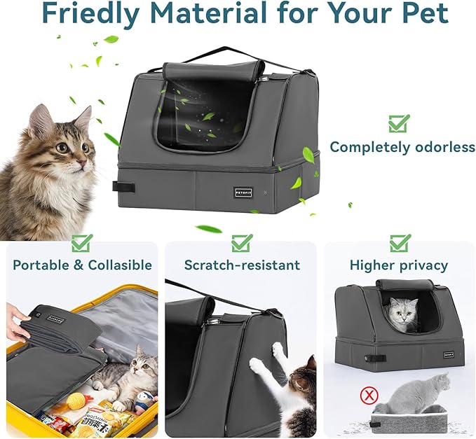PETSFIT Portable Travel Cat Litter Box with Lid – Collapsible, Leak-Proof & Washable 2-Layer Liner, Sturdy Support Frame, for Hotel/Car/Camping, Cat Travel Essentials for Kitty/Medium Cats Grey