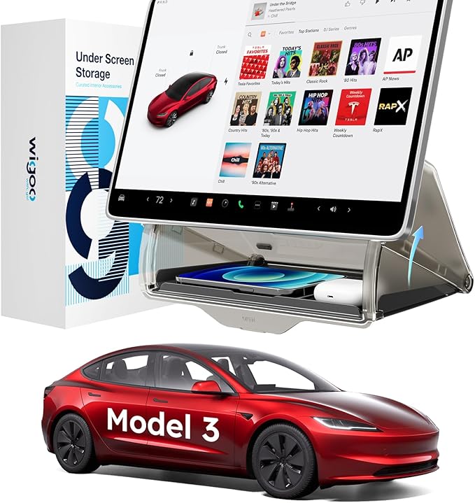 Wigoo Under Screen Organizer for Model 3 2016~2026, Including Model 3 Highland 2024~2026 (Standard, Premium & Performance), Concealed Center Console Organizer Tray, Quick & Stable Installation