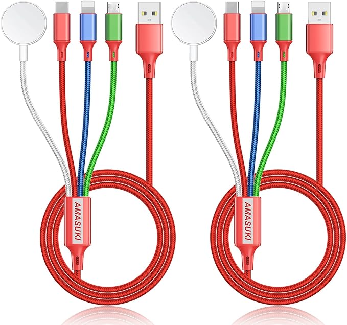 2Pack Multi Charging Cable for Apple Watch Charger 4 in 1 Travel Essentials RV Camping Essentials USB C/L/Micro Compatible with iWatch Series 11-1/iPhone 17/16/15/Android Airplane Gadgets-4FT/Red