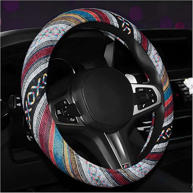 Boho Steering Wheel Cover, 15 Inch Coarse Flax Cloth Ethnic Style Anti-Slip Car Wheel Wrap, Universal Breathable Bohemian Steering Wheel Protector for Cars Vans Trucks (D)