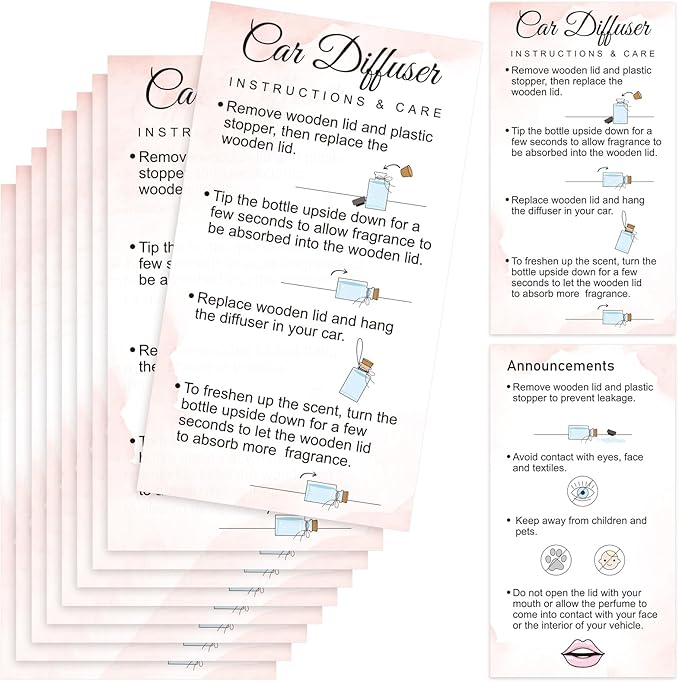 Motiskyy 200 Pcs Hanging Car Diffuser Instruction Cards for Car Oil Diffuser Bottles, 2 x 3.54 Inch (Classic Style,White and Pink)