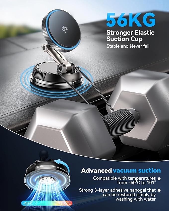 Q2 15W for Magsafe Car Mount Charger, [78+LBS Stronger Vacuum Suction] 360° Adjustable & Fast Charging Magnetic Phone Holder for Vent/Dashboard/Windshield/All Car Surface