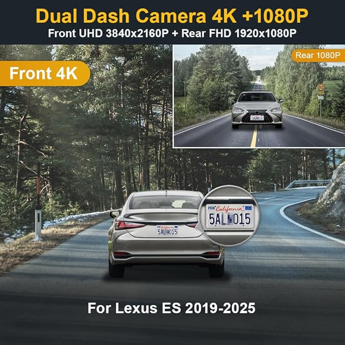 Fitcamx Front 2160P+Rear 1080P Dash Cam Adapts for Lexus ES 2019-2025 ES350 ES300h ES250 F Sport, OEM Style, Dual HD Video, Built-in WiFi & APP, Loop Recording, G-Sensor, Easy to Use, 128GB Card