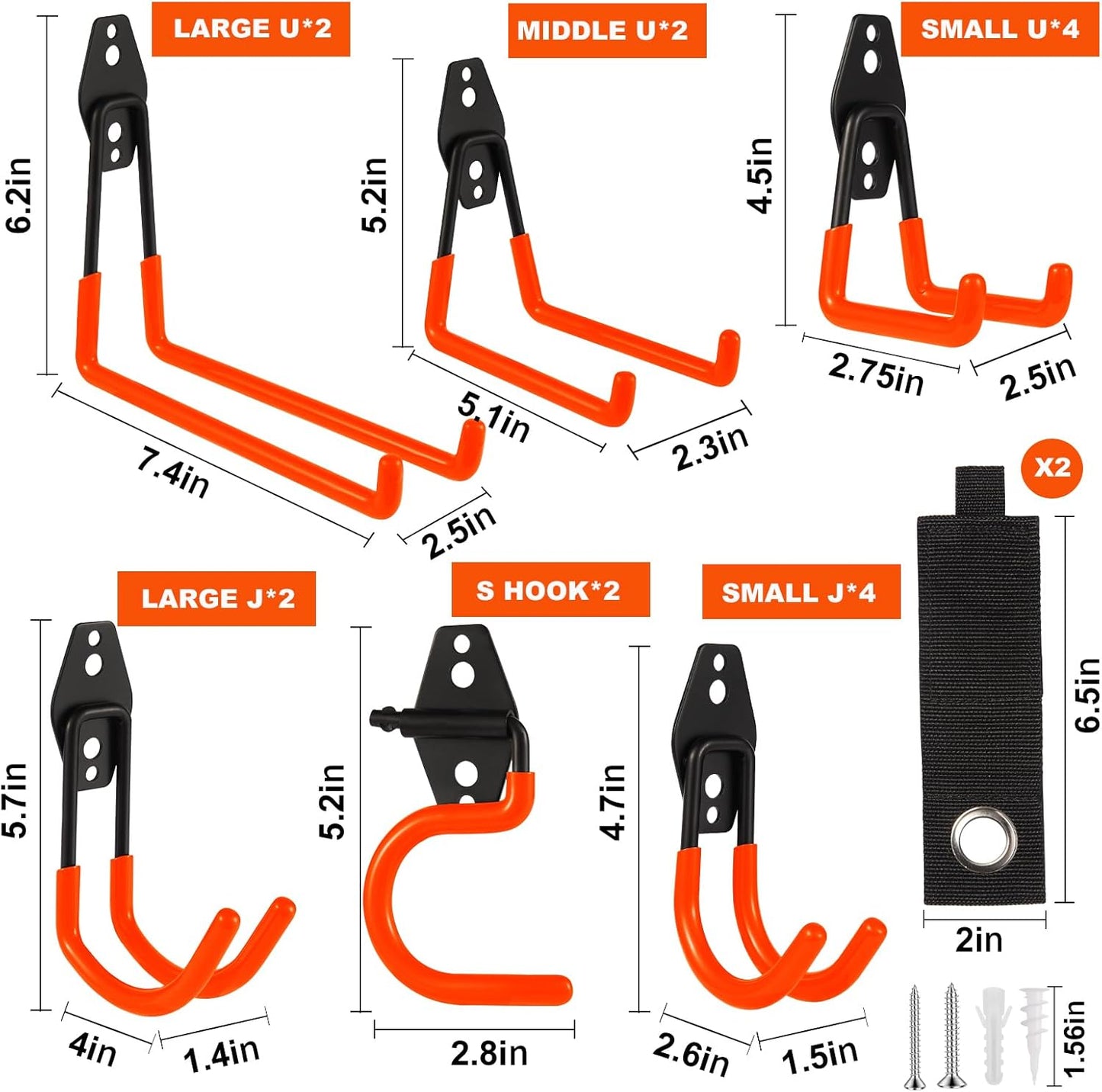 Garage Hook Heavy Duty Wall Storage Hangers, 18 Pack Garage Storage Hooks Steel Tool Organizer Orange for Ladders, Ropes, Garden Tools