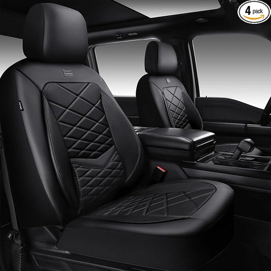 CAR PASS Luxury Nappa Leather Front Seat Covers, Waterproof 3D Foam Seat Covers with Lumbar Support, Breathable Auto Seat Cover Airbag Compatible Universal Fit for Sedan SUV Van Truck, All Black