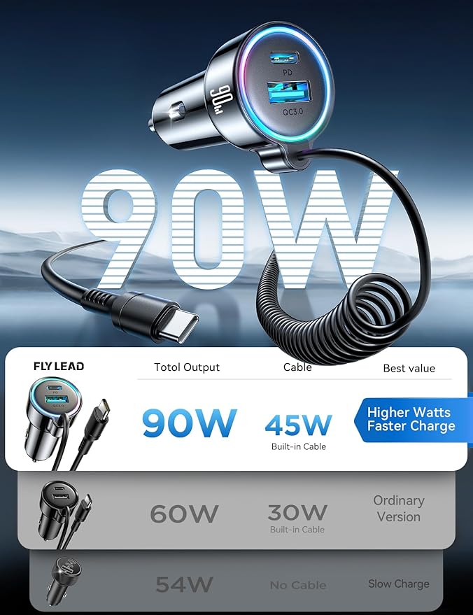 90W Car Charger USB C for iPhone 17/16 Pro Max, PD&QC3.0 w/6.65ft 45W Type Coiled Cable, Fast Car Phone Charger Adapter for iPhone 17Air/15 Pro, Samsung Galaxy S25/S24/S23, Pixel 10/LG/Android, iPad