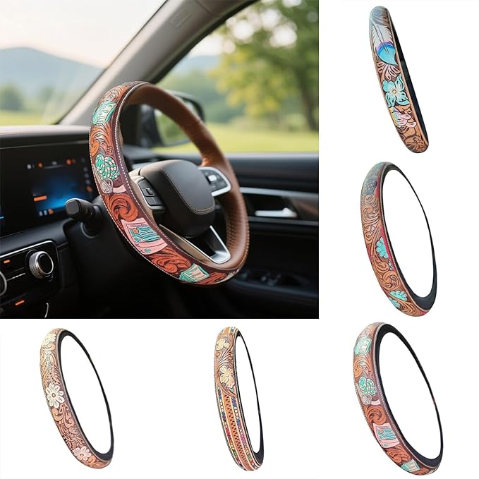 Steering Wheel Cover Western Car Tooled Leather Retro Cowboy Car & Truck Accessory, Universal 15 Inch Non Slip Wheel Cover for SUV, Pickup, Comfortable Grip, Easy to Install (Coffee)