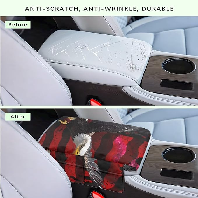 Car Center Console Cover Pad, American Flag Eagle Auto Console Arm Rest Cushion, Car Armrest Seat Box Protector, Car Memory Foam Armrest Pillow for Most Cars