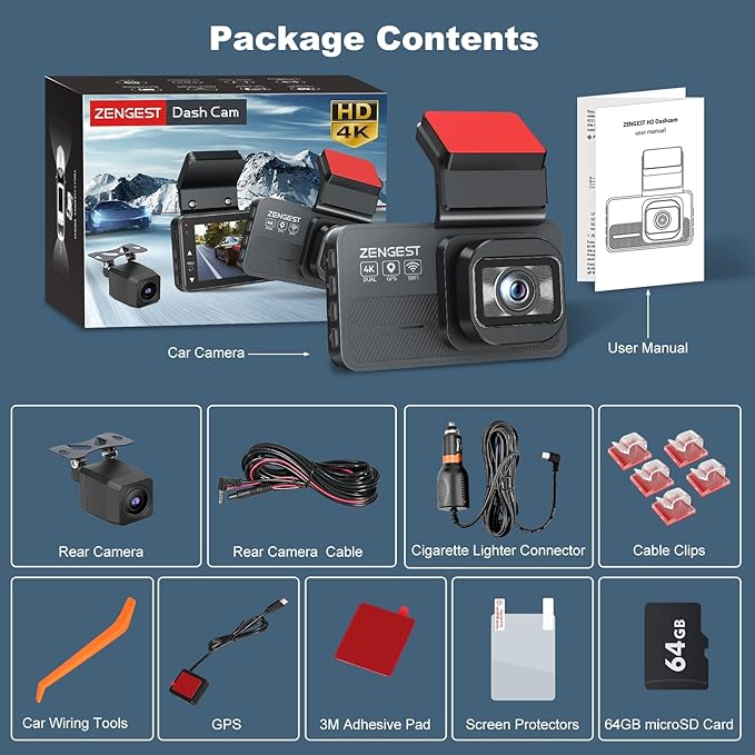 Dash Cam Front and Rear, 4K+1080P FHD Dual Camera with ADAS, GPS, 5G WiFi & App Control, 64GB Card Included, G-Sensor, Night Vision, Loop Recording, 170°Wide Angle, WDR, 24H Parking Mode