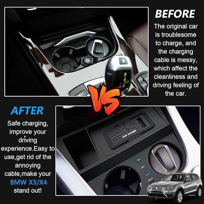 Wireless Car Charger for BMW X3/X4 2014 2015 2016 2017 Center Console Accessory, 15W Qi Fast Charging Phone Charger Pad for BMW X3 F25 2014-2017/X4 F26 2014-2017, Gift for BMW X3/X4 Owner