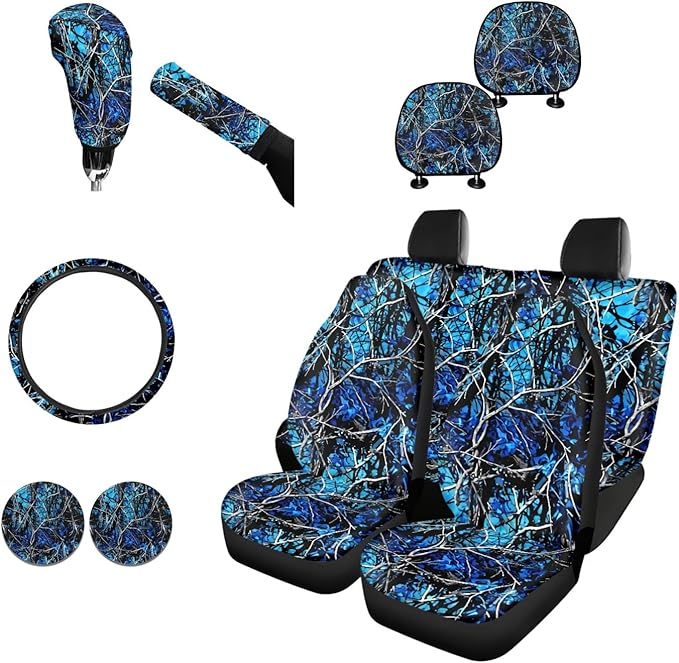 FKELYI Blue Camo Car Seat Covers Set, Camouflage Design - Front & Back Seat Protector + Cup Holder & Steering Wheel & Gear Shift & Handbrake & Headrest Covers