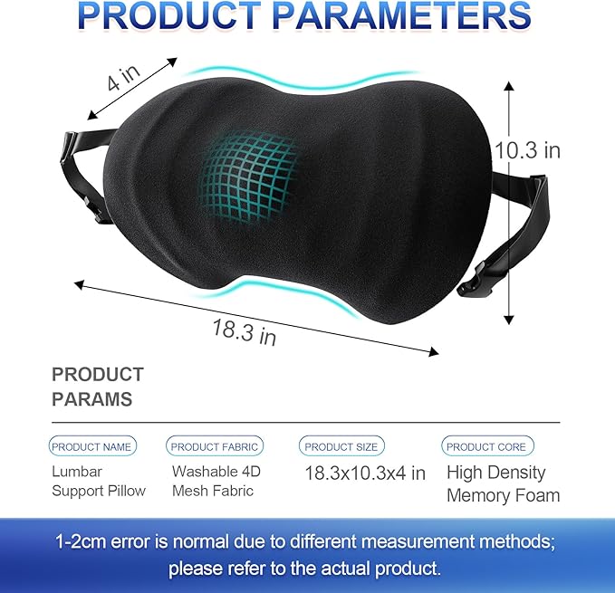 Lumbar Support Pillow, Ergonomic Back Cushion for Office Chair with Adjustable Straps & Detachable Breathable Cover,Memory Foam Car Lumbar Pillow, Back Support Pillow for Car, Office,Bed Rest,A-Black