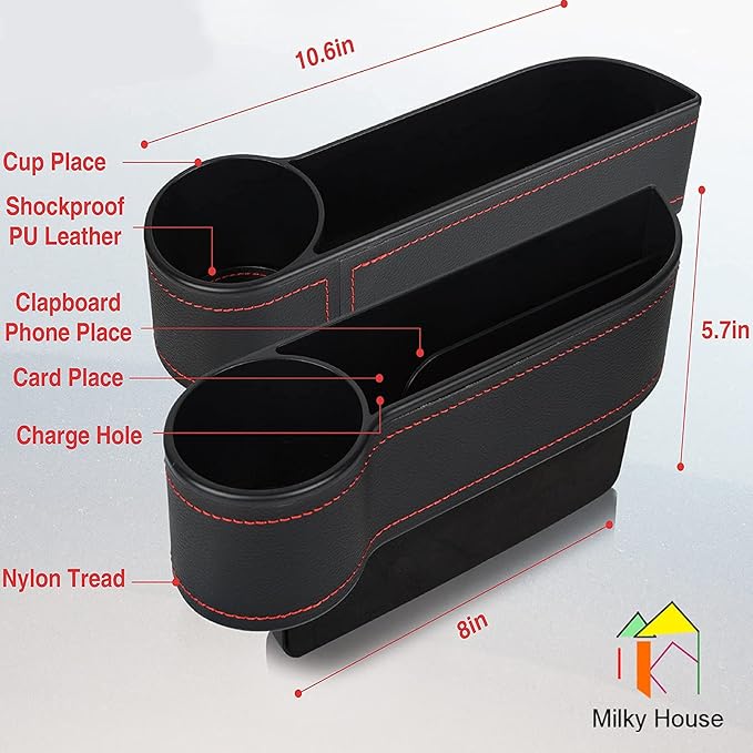 2 Set Car Seat Gap Organizer, Car Gap Filler Storage Boxes, PU Leather Front Seat Console Side Pocket Bags with Cup Holder 4 Hooks, Automotive Storage Box for Phone, Drinks, Cards, Sunglasses, Black