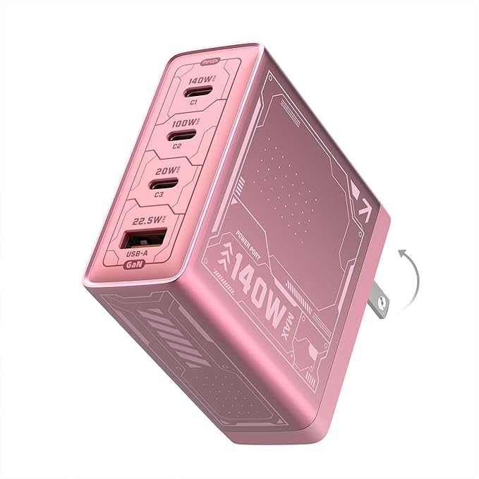 Mfish E-Rhino 140W USB-C Charger, True PD 3.1 GaN Fast Charger, 4-Port (3 USB-C + 1 USB-A) Foldable Plug Power Adapter for MacBook Pro 16”, iPhone 17/16, iPad, Galaxy, Tablet, Laptop, Pink