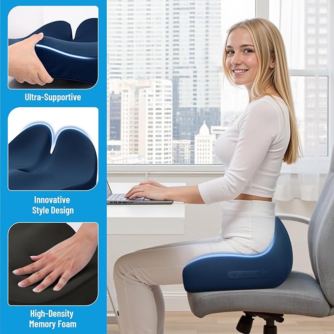 Memory Foam Seat Cushion for Office Chair, Ergonomic Coccyx Cushion for Desk Chair, Tailbone Support Pillow for Long Sitting, Non-Slip Seat Pad for Home, Gaming Chair -Navy Blue, X-Large