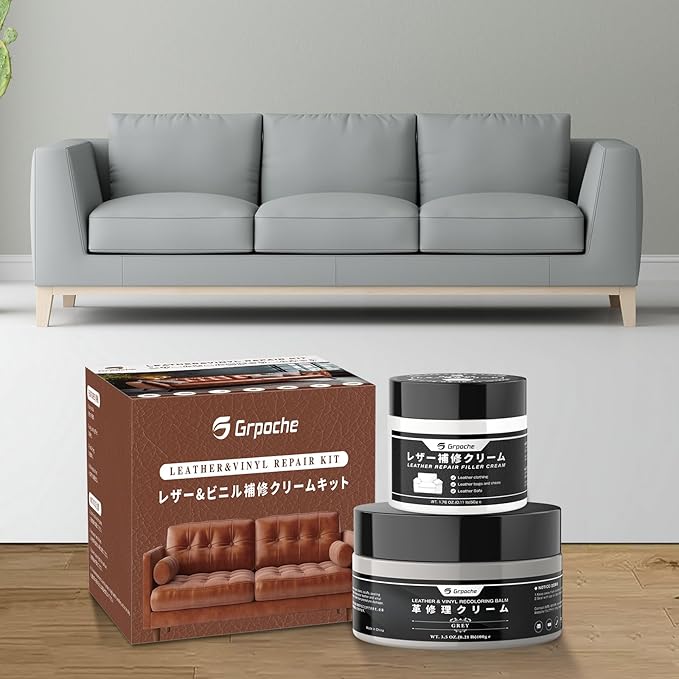 Leather Recoloring Balm Grey, Mink Oil Leather Conditioner & Leather Filler Cream, Leather Repair Kit for Furniture,Vinyl Repair Kit Restore Couches, Car Seats, Purse, Scratch, Peeling, Burn Holes