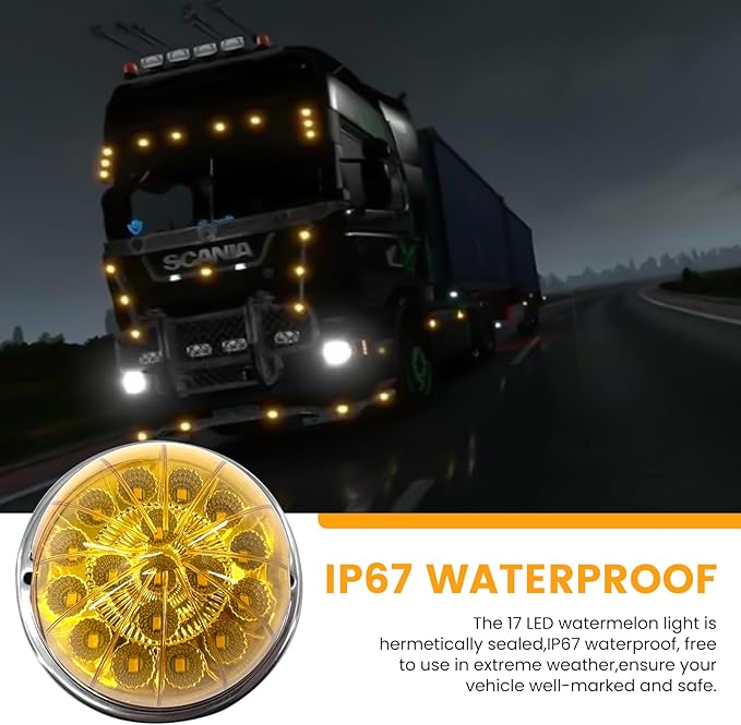 dreamdragon 2PCS Amber 17 LED Watermelon Lights with Dual Function, Stop/Turn Signal & Marker, Stainless Steel Bezel for Freightliner, Ke-nw-or-th, Peterbilt, and Heavy Trucks
