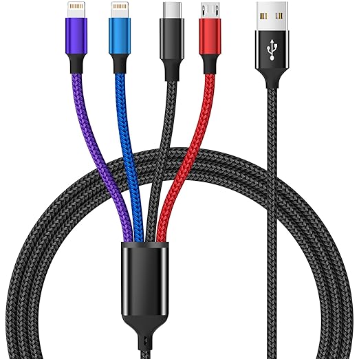 Dual IP 4 in 1 Multi Charging Cable [1Pack 5FT], Nylon Phone Charger USB Cable, Travel Charging Cords with IP/IP/Type C/Micro Port, Compatible with Most Cell Phones/Tablets and More
