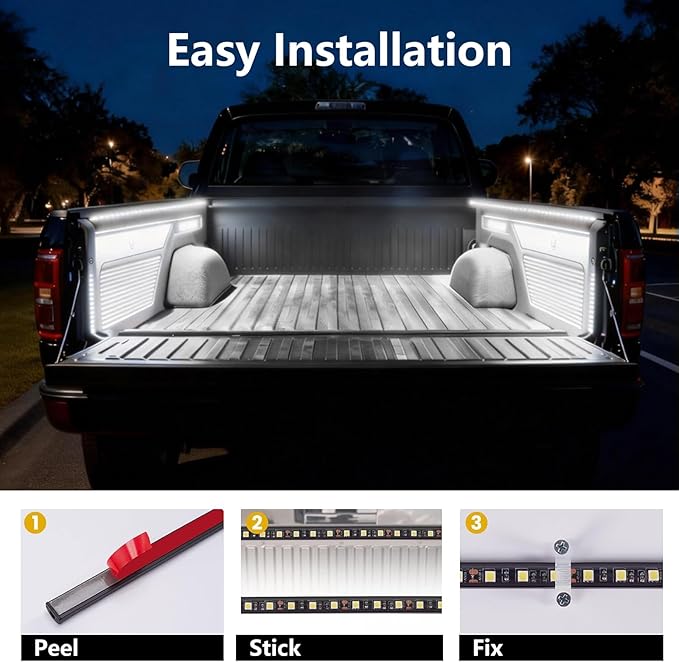2Pcs 60-Inch Led Truck Bed Lights - Super Bright 2600LM 6000K White,IP67 Waterproof,with On/Off Switch & Fuse,Universal for Pickup/SUV/Van Bed Lighting