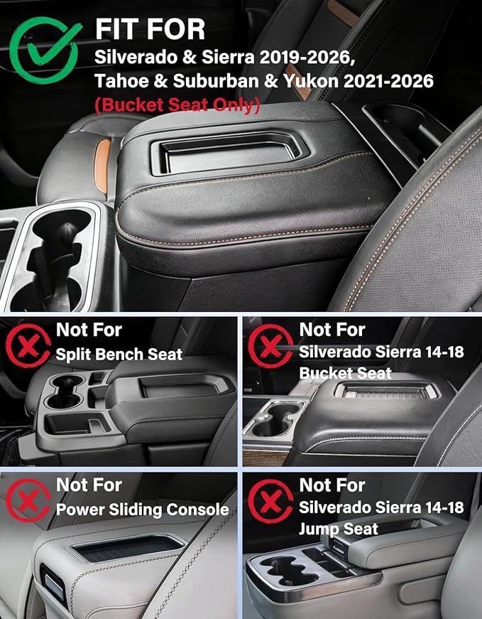 Center Console Armrest Cover for Chevy Chevrolet Silverado 1500/GMC Sierra 2019-2026, Yukon/Tahoe/Suburban 2021-2026, PU Leather Middle Console Lid Protector Cushion Thick Pad Black-Gray(Bucket Seat)