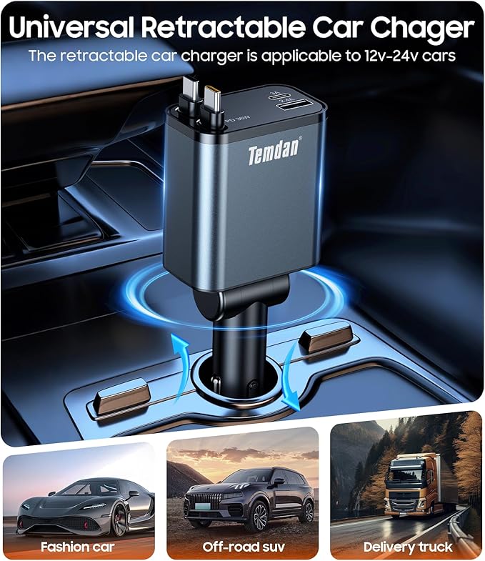 Temdan 69W Retractable Car Charger, 4 in 1 Fast Charger USB C Car Truck Accessories for Men Women, Car Accessories for Valentines Day Gifts for Him Her, Travel Essentials for iPhone 17 Pro Max,Galaxy
