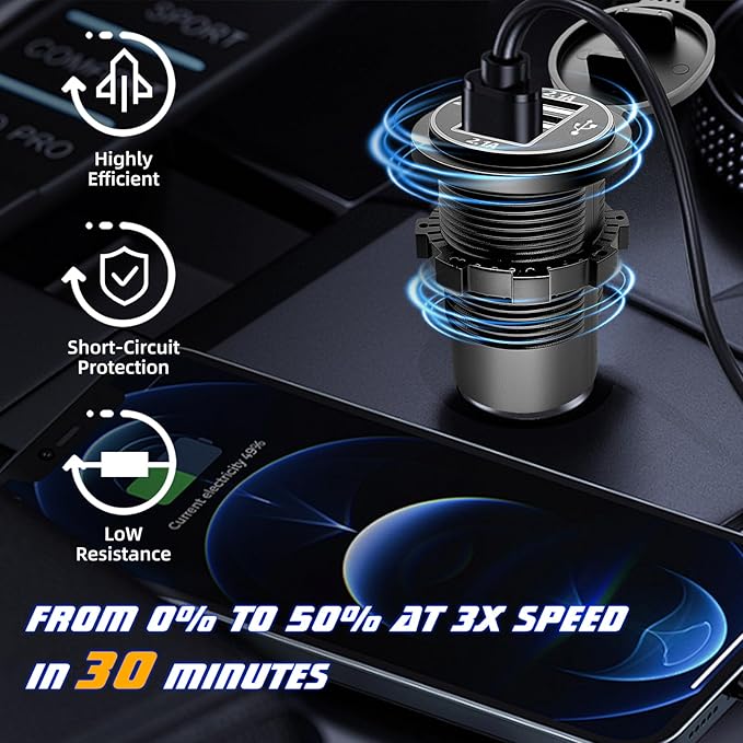 12V USB Outlet Wire USB Charger, 3 Port 12V/24V Charger Socket for Cars, Boats, RVs, Trucks, Golf Carts, and Motorcycles and More (Pack of Two)