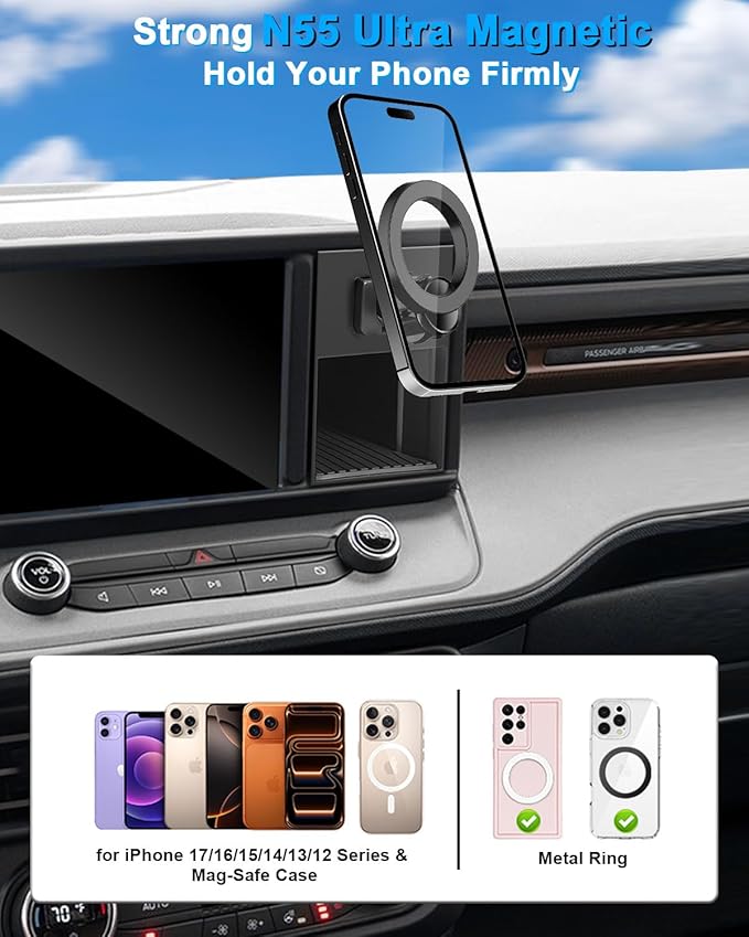 PZK Car Phone Holder for Ford Maverick 2022 2023 2024 Accessories Compatible with Magsafe Car Phone Mount with Cubby Insert Stroage Box Trunk Dash Mount Hands Free 360° Rotation