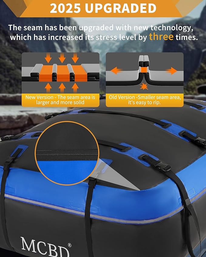 MCBD Rooftop Cargo Carrier Bag, 15 Cubic Feet Waterproof Soft-Shell Car Roof Bag for All Vehicles SUV with/Without Rack, Car Top Luggage Storage Bag