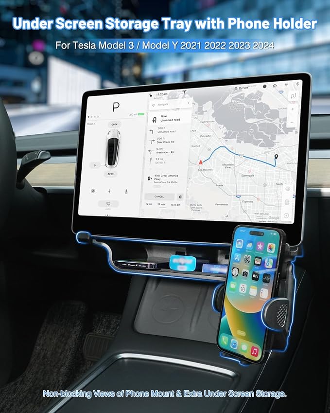 Shademax Under Screen Storage Tray with Phone Holder for Tesla Model 3/Model Y 2024 2023 2022 2021 (Not for Juniper) Center Console Organizer Storage Box Waterproof ABS Model 3 / Y Accessories Black