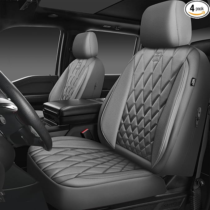 CAR PASS Piping Luxury PU Leather Two Front Car Seat Covers, Waterproof Anti Slip Seat Covers Compatible with Front Seat Armrests,Universal Fit for Suvs,Vans,Trucks,Airbag Compatible(All Gray)