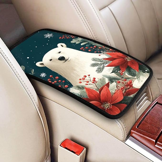 Universal Car Center Console Cushion Pad, Cute Polar Bear Soft Waterproof Car Center Console Cover Auto Armrest Seat Box Cover Protector for Most Vehicle SUV Truck Car