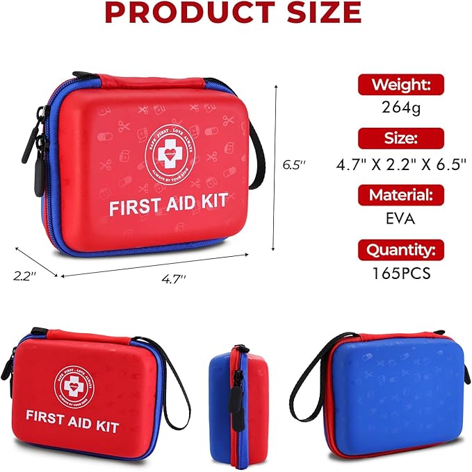 Small First Aid Kit - 165 Piece Dual-Color Emergency Medical Kit with Hard Shell & Fluorescent Exterior Coating, Emergency First Aid Kit for Home, Car, Travel, Hiking & Outdoor(Red/Blue)