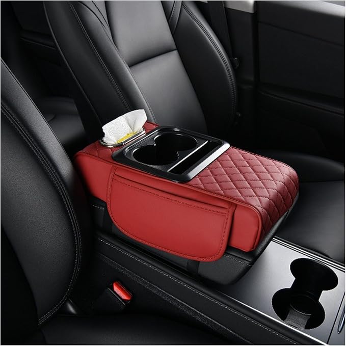Car Armrest Storage Box for Nissan Hardbody (D21) 1986–1997, Center Console Organizer with Side Pocket, Ergonomic Memory Foam Armrest Cushion, Car Elbow Support Pad,D Red