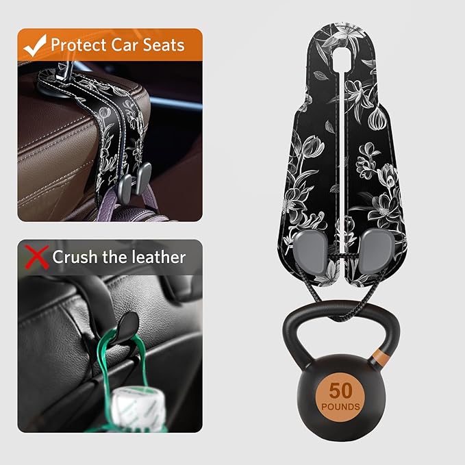 CoBak Purse Hook for Car - Universal Premium Stitched Leather and Aluminum-Magnesium Alloy Double Car Seat Back Storage Hook for Purses, Handbags, Bags (2 Pack),Floral Trace