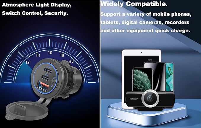 3 Ports 18W USB Car Charger with Switch, 12-24V QC 3.0 USB & Dual PD USB C Cigarette Lighter Socket Outlet, Dashboard Mount Quick Charger for Car Motorcycle Truck Marine Boat, Red Light