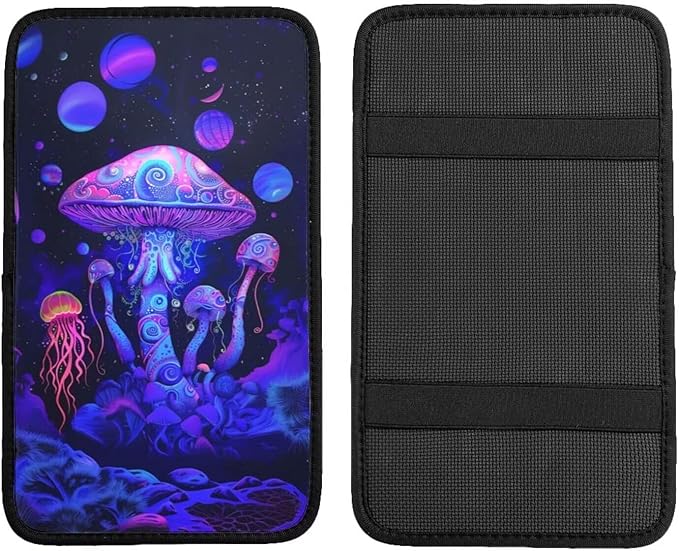 Center Console Cover Mushrooms Style Car Truck Interior Accessories Cute Boho Console Cover Purple Pink Armrest Cushion Pad Universal Fit for Most Vehicle, SUV, Truck