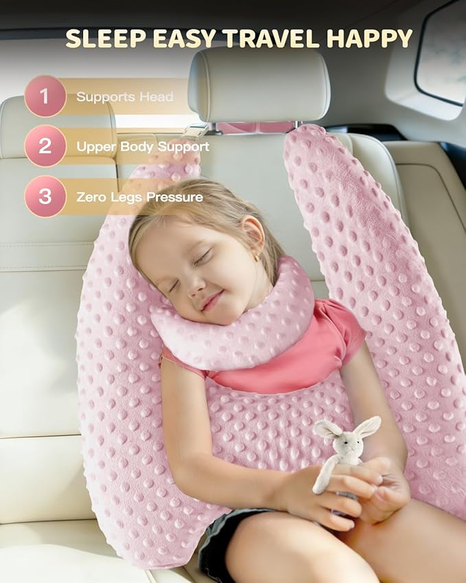 Memory Foam Kids Travel Pillow, Car Pillow for Kids, H-Shape Car Pillows for Sleeping, Removable Pillowcase, Adjustable, Velvet Dots, Pink
