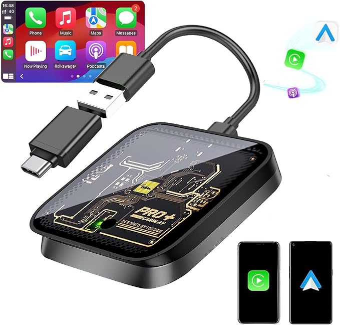 Wireless CarPlay Adapter for Apple iPhone, Android Auto Wireless Adapter for Samsung Galaxy/Motorola, 2025 Upgrade Plug & Play Fast Connection Car Play Smart Adapter (Clear)