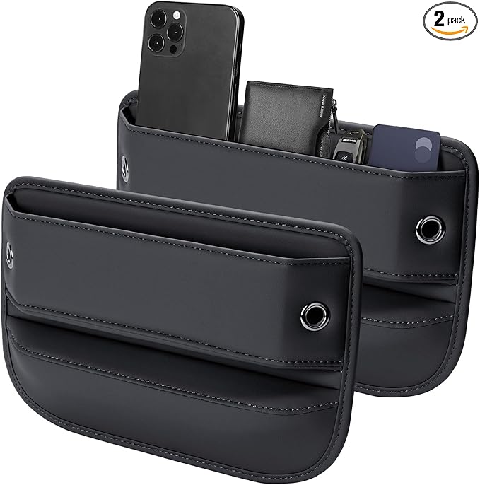 Premium Leather Car Seat Gap Filler Organizer (0.2”-1.2" Gaps), Clever Gifts for Car SUV Truck Owners (Black, 2 Pack)