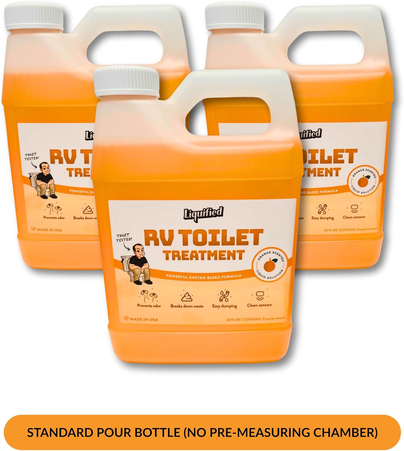 Liquified RV Toilet Treatment - Orange, 32oz Standard Pour Bottles (3-Pack) Odor Control, Waste Breakdown & Septic Safe - Made in USA
