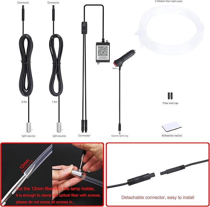 Car Ambient Lighting Optic Fiber 64 Colors Music Sound Active with APP Control Car Decorative Atmosphere Lighting Kit DC 12V 1W 3m